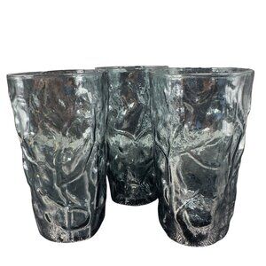 Seneca Glass Driftwood Casual Gray Black Crinkle Highball Glasses Cups Set 3 VTG